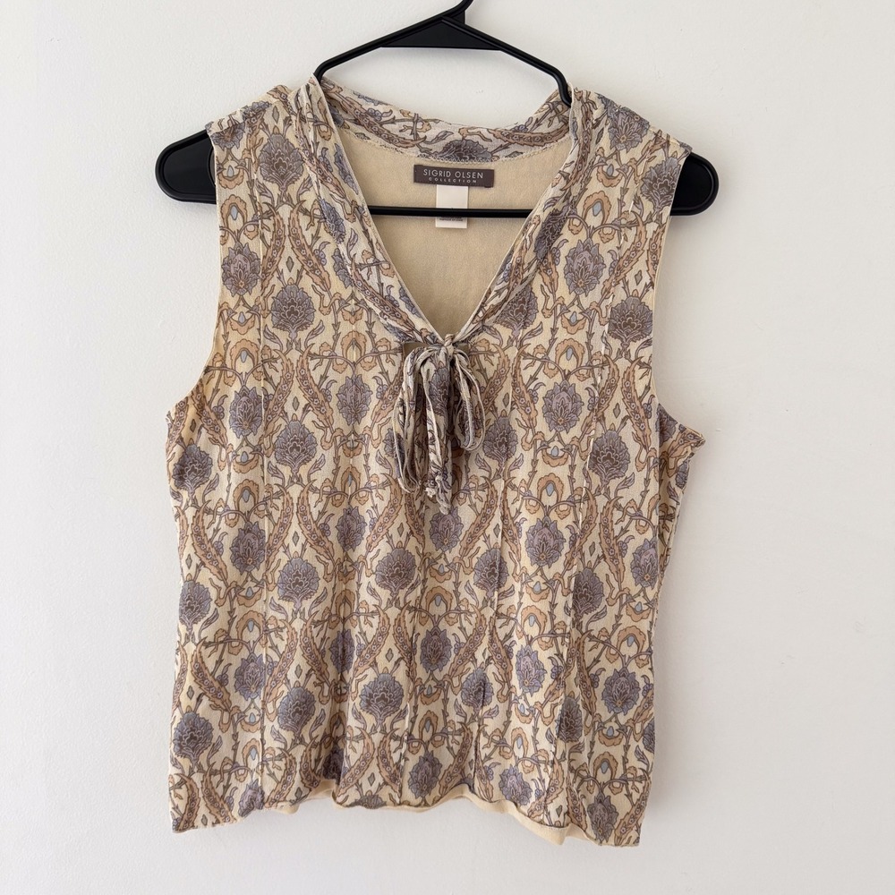 Y2K Sigrid Olsen Silk Sleeveless Blouse L Floral Damask Tie Neck Boho Academia